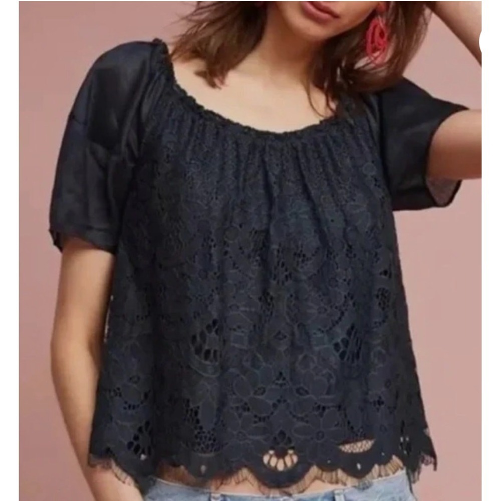 Anthropologie Moulinette Soeurs Womens Top Sz L Messina Lace Puff Sleeved Blouse - Picture 2 of 15